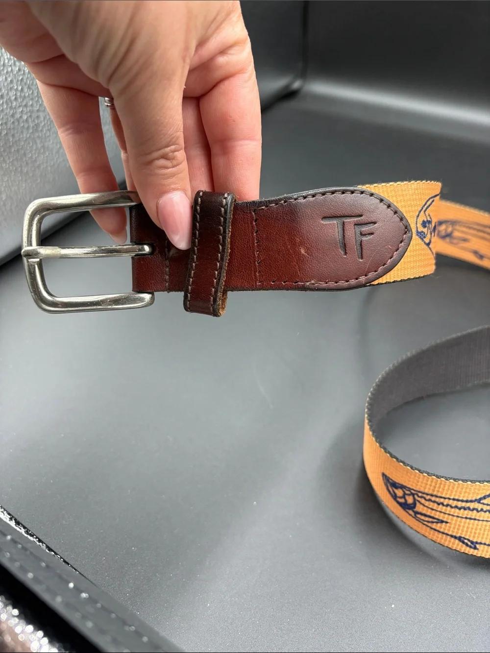 True Flies Fish-Print Belt with Leather Trim size 34